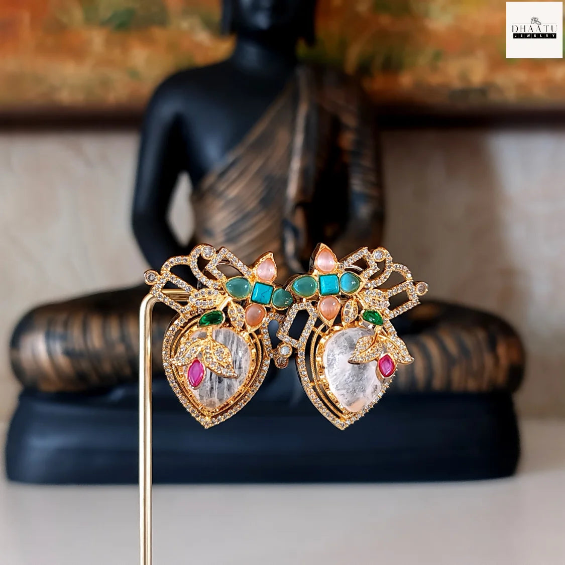 Artisan-Crafted Heart-Shaped Artificial Stud Earrings with Multi-Color Stones