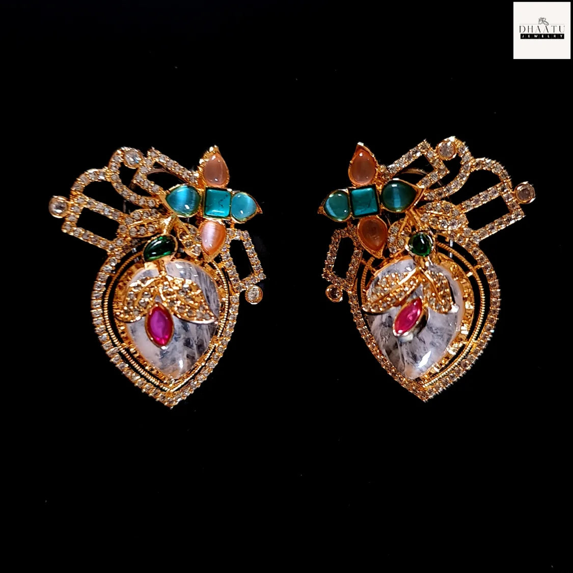 Artisan-Crafted Heart-Shaped Artificial Stud Earrings with Multi-Color Stones