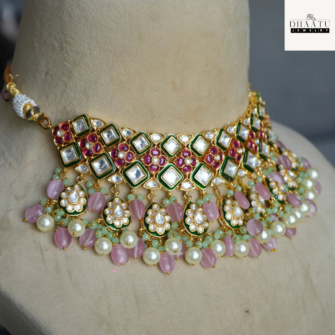 Vibrant Pink & Mint Green Meenakari Polki/Kundan Style Choker Necklace & Earrings Set