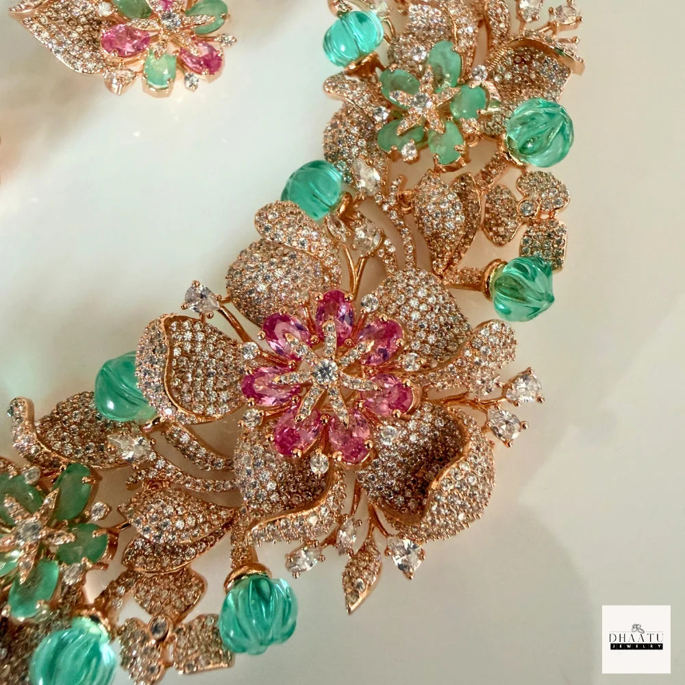 Gulnaar Floral Rose Gold Choker Set with Emerald Beads and Pink Stone Detailing