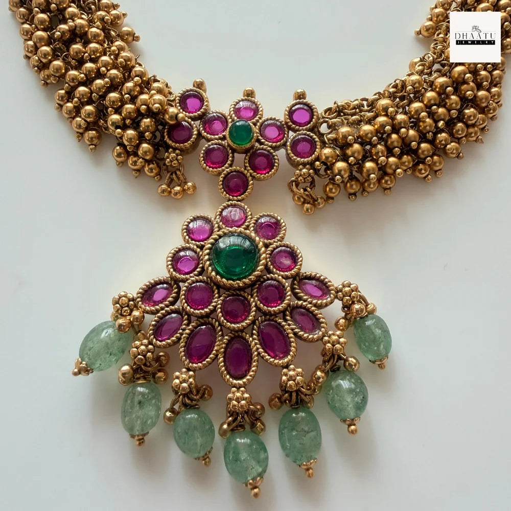 Antique Gold-Plated Guttapusalu Choker Set with Ruby & Emerald Stones