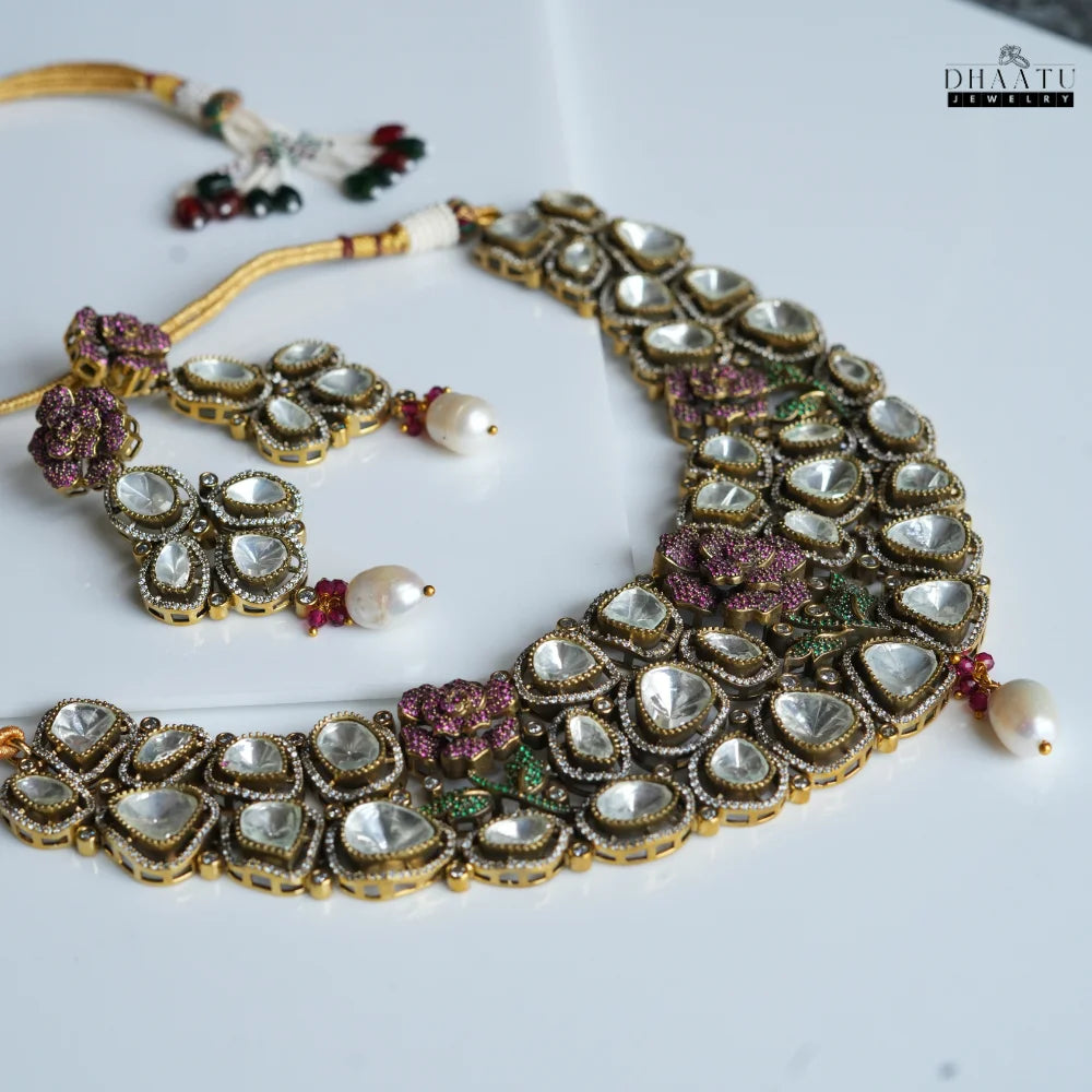 Kundan Necklace Set with CZ Stone Floral Motifs | Traditional Indian Bridal Jewelry