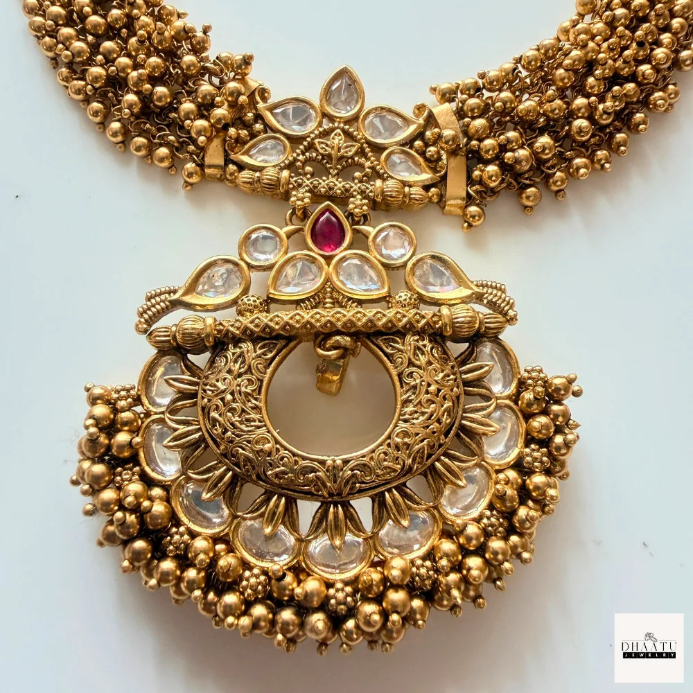 Antique Gold-Plated Guttapusalu Choker Set with Kundan & Ruby Accents