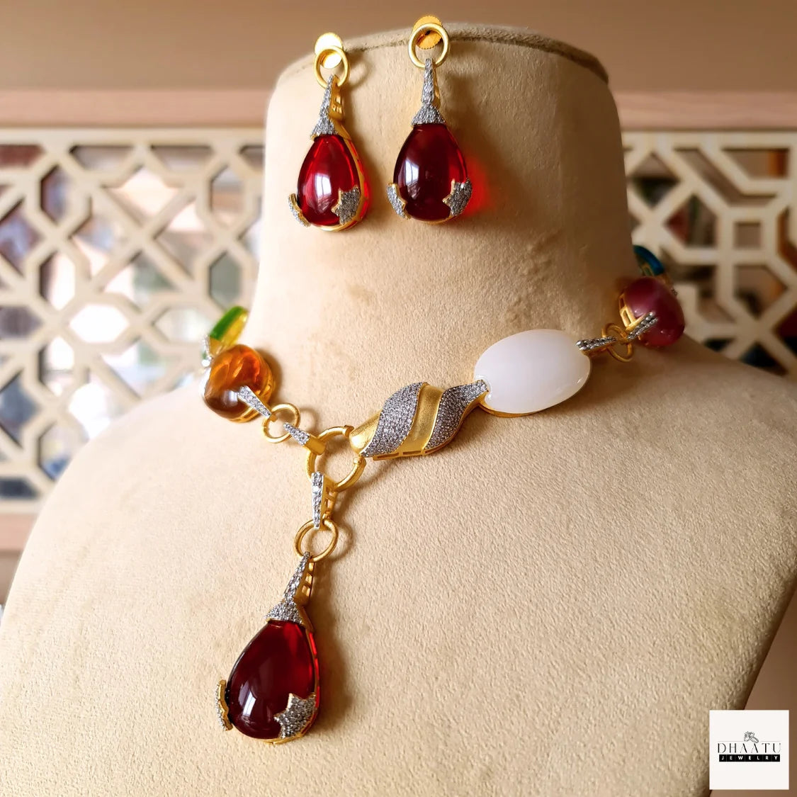 Designer Inspired Multi-Color Carved Stone Gold-Tone Statement Necklace & Earring Set