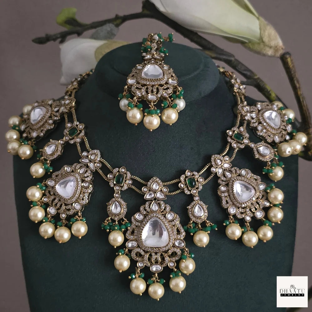 Royal Kundan & Pearl Necklace Set with Natural Gemstones and Maang Tikka