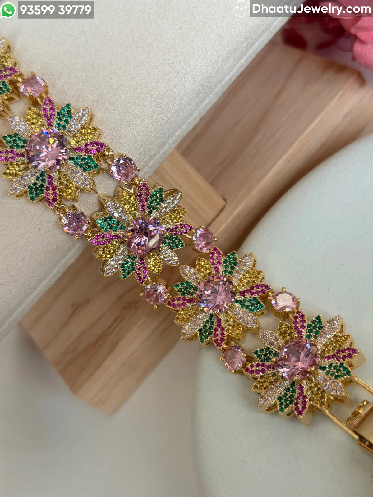 Floral Burst 18k Gold Plated Adjustable Bracelet - Zirconia Sunflower Link Design in Multicolor, Canary Yellow, and Ruby Pink (18-21cm)