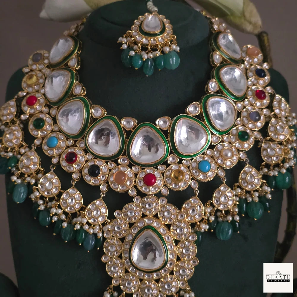 Handcrafted Kundan Bridal Necklace Set with Natural Multi-Colored Gemstones