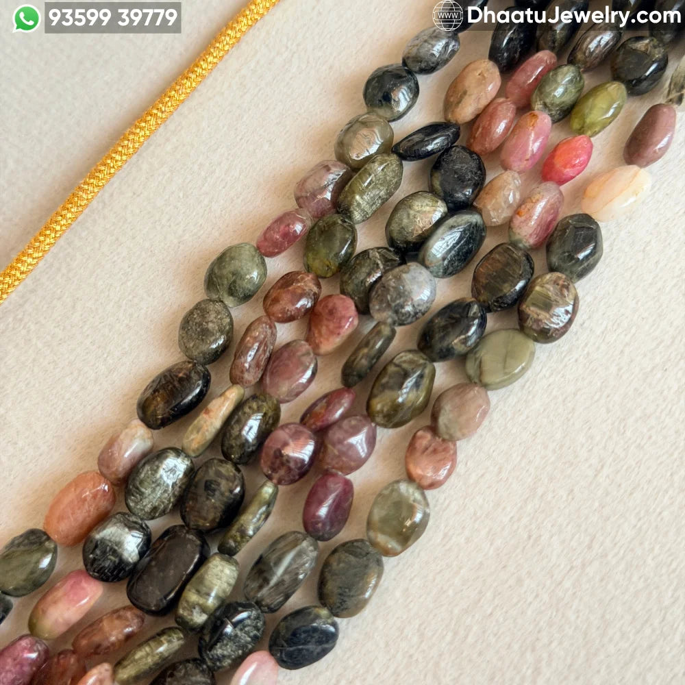 6-Layer Multi-Color Natural Tourmaline Stone Bead Choker Necklace - Handcrafted Earthy Green & Pink Statement Jewelry (4.5cm x 23cm)