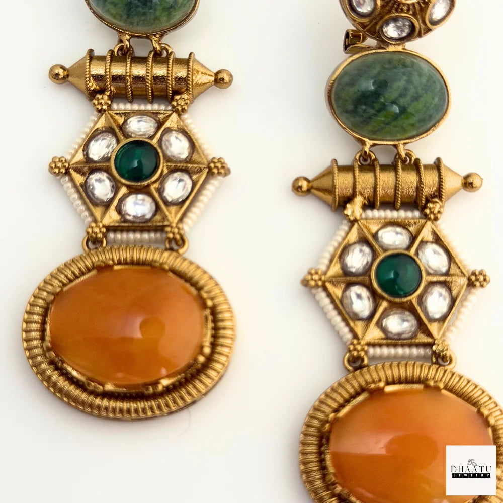 Regal Antique Gold-Plated Kundan Drop Earrings with Green & Orange Cabochon Stones | Statement Ethnic Style