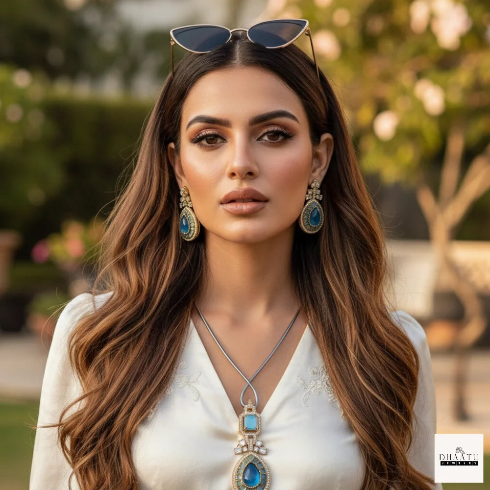 Pear-Cut Gemstone Fusion Jewelry Set – Gold-Plated Teardrop Necklace & Studs with Baguette Halo