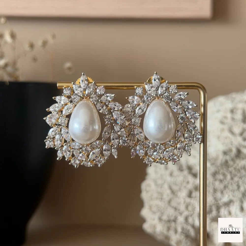 Lustrous Teardrop Pearl & American Diamond (AD) Halo Stud Earrings (Available in Gold & Silver)