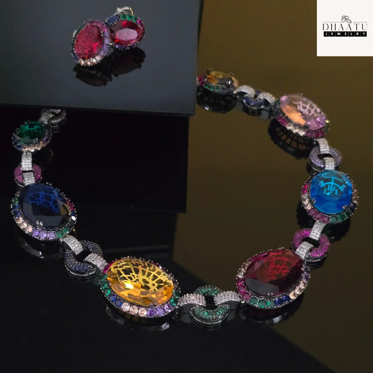 Fire & Ice Multi-Color Gemstone Necklace & Stud Earrings Set | Artificial Diamond & Colorful Stone Jewelry