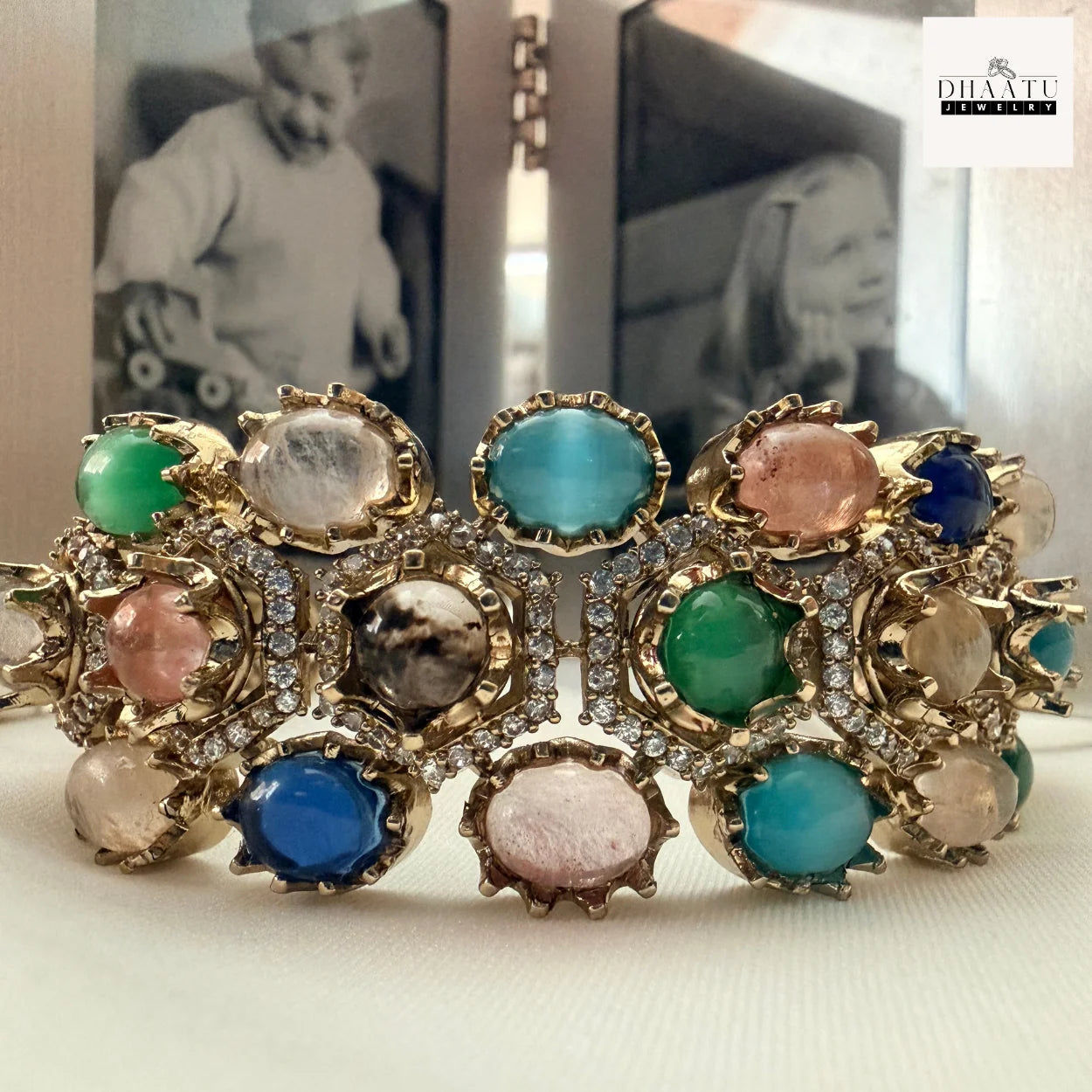Rivaayat Victorian Antique Cuff – Multi-Hue Doublet Stone Stackable Brass Bracelet