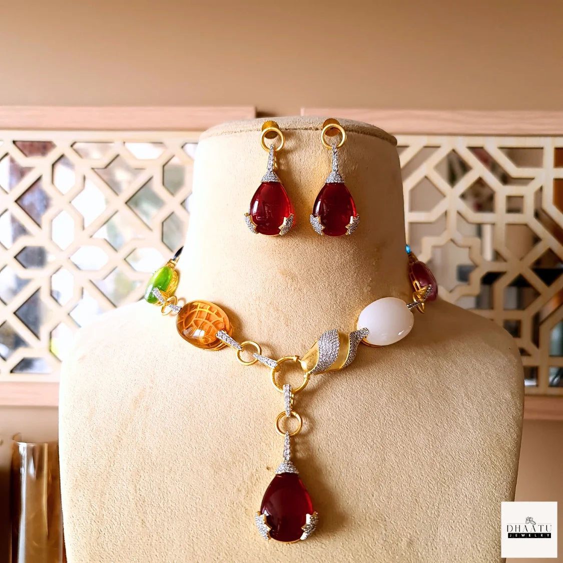 Designer Inspired Multi-Color Carved Stone Gold-Tone Statement Necklace & Earring Set