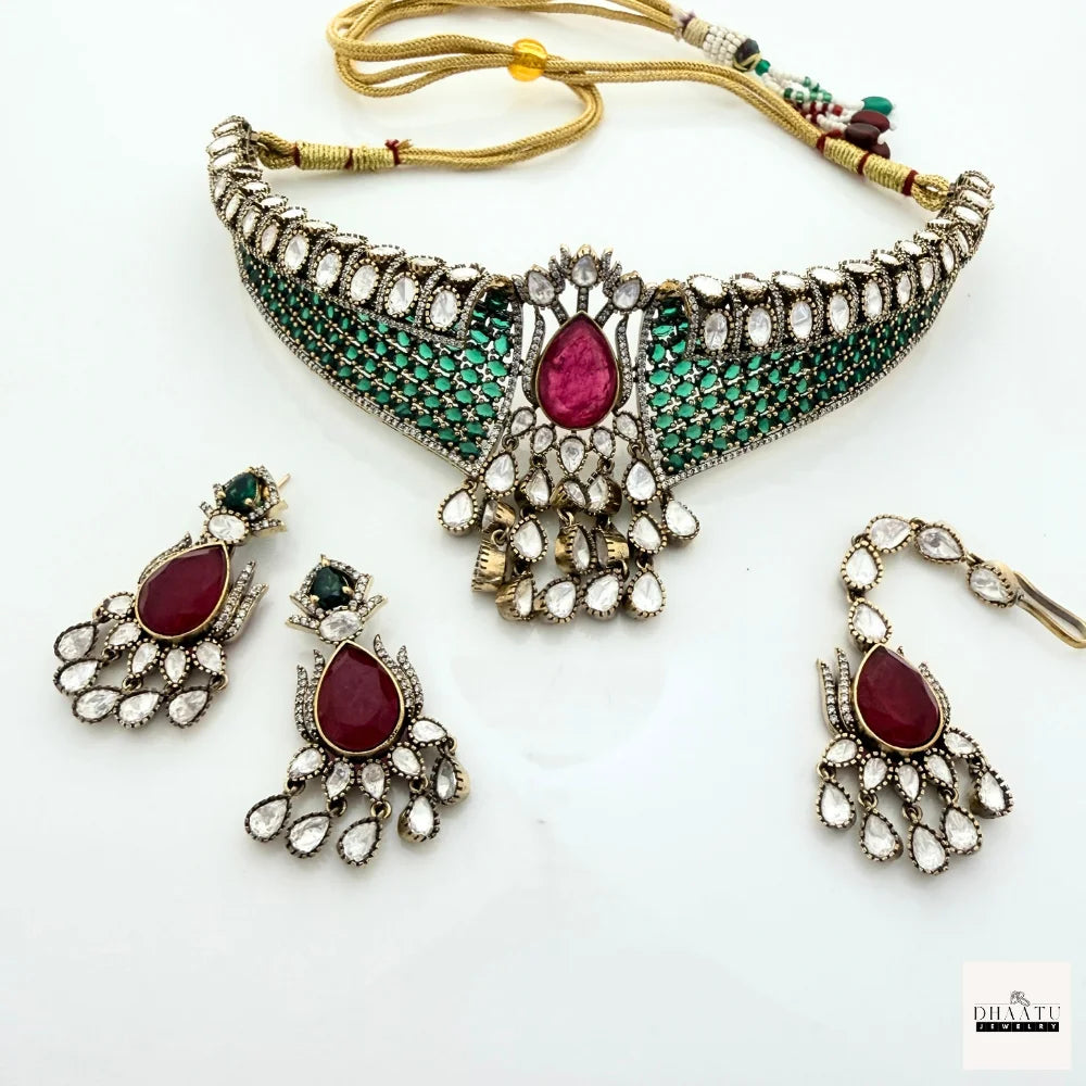 Regal Emerald & Ruby Polki Choker Set – Handcrafted Traditional Necklace with Earrings & Maang Tikka