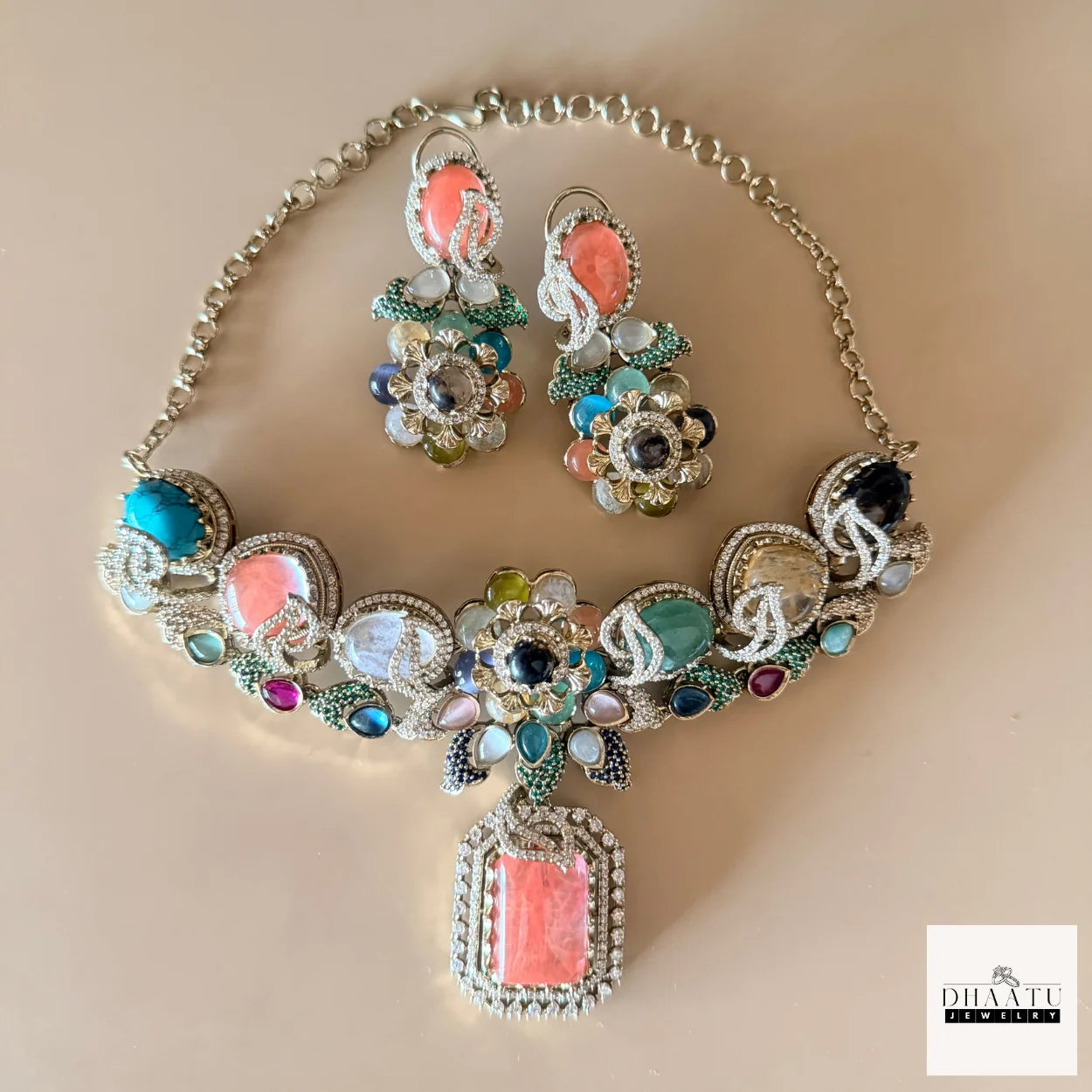 Rivaayat Antique Victorian Choker Set with Multi-Color Doublet Stones & Matching Earrings