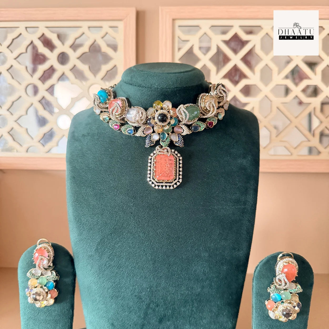 Rivaayat Antique Victorian Choker Set with Multi-Color Doublet Stones & Matching Earrings