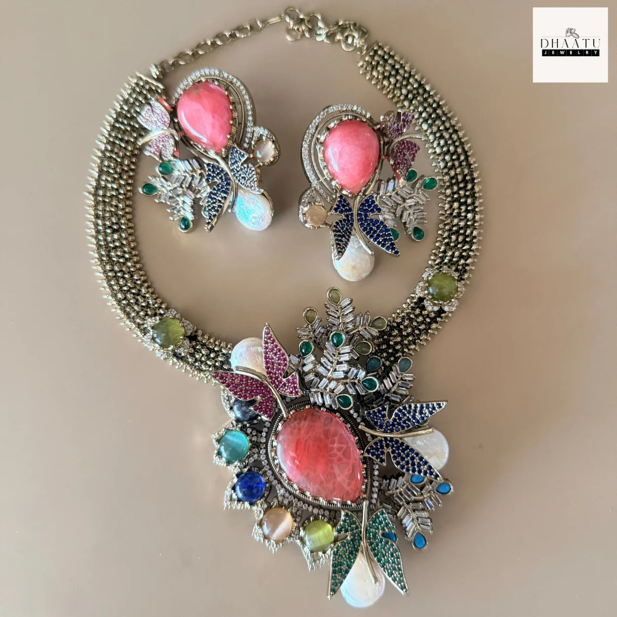 Rivaayat Butterfly & Leaf Motif Victorian Fusion Choker Set with Baroque Pearls