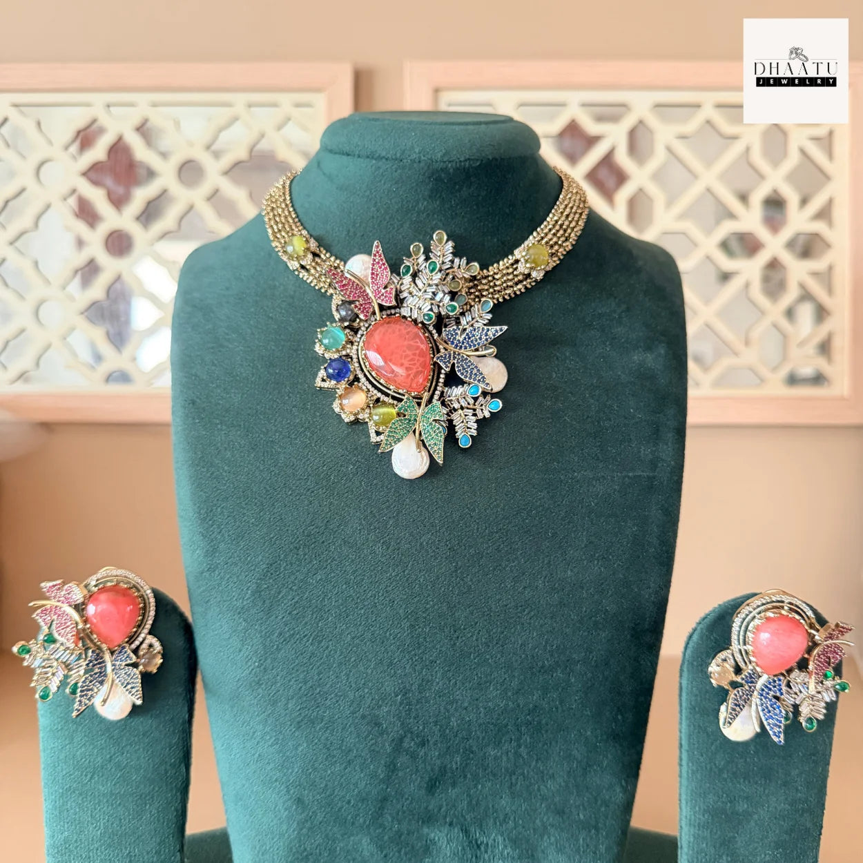 Rivaayat Butterfly & Leaf Motif Victorian Fusion Choker Set with Baroque Pearls