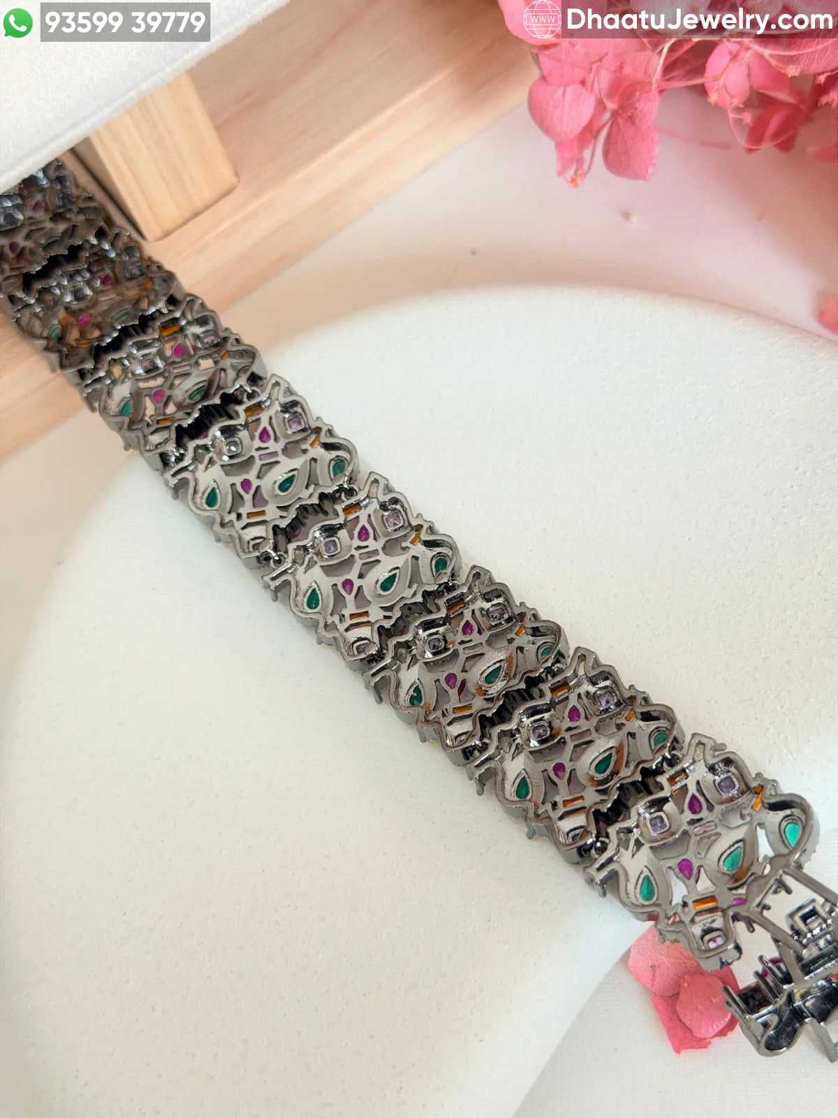 Multicolor Pear-Cut Cubic Zirconia Statement Bracelet - 18cm to 21cm Extendable - Available in Gold & Black Rhodium Finish