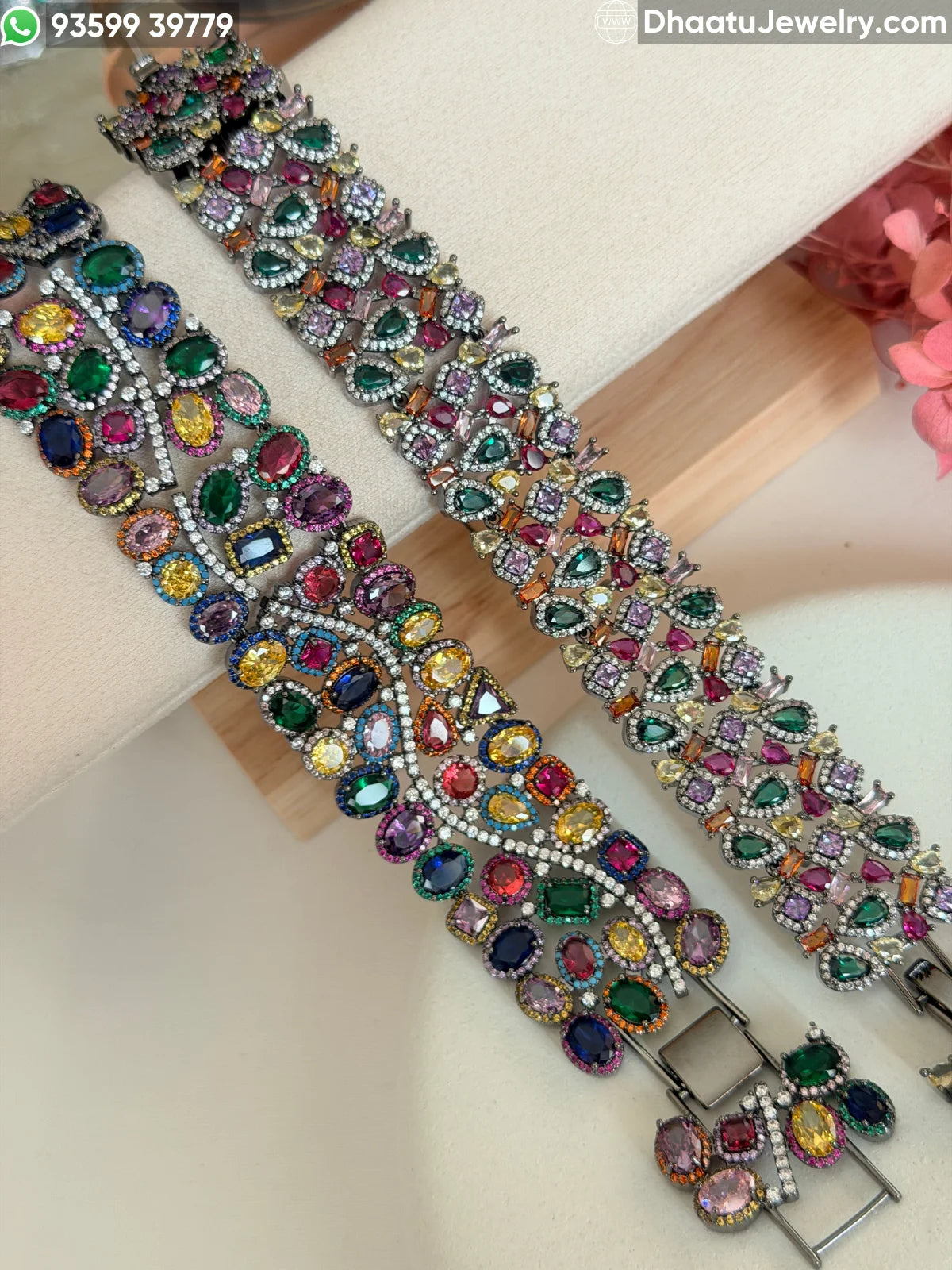 Multicolor Pear-Cut Cubic Zirconia Statement Bracelet - 18cm to 21cm Extendable - Available in Gold & Black Rhodium Finish