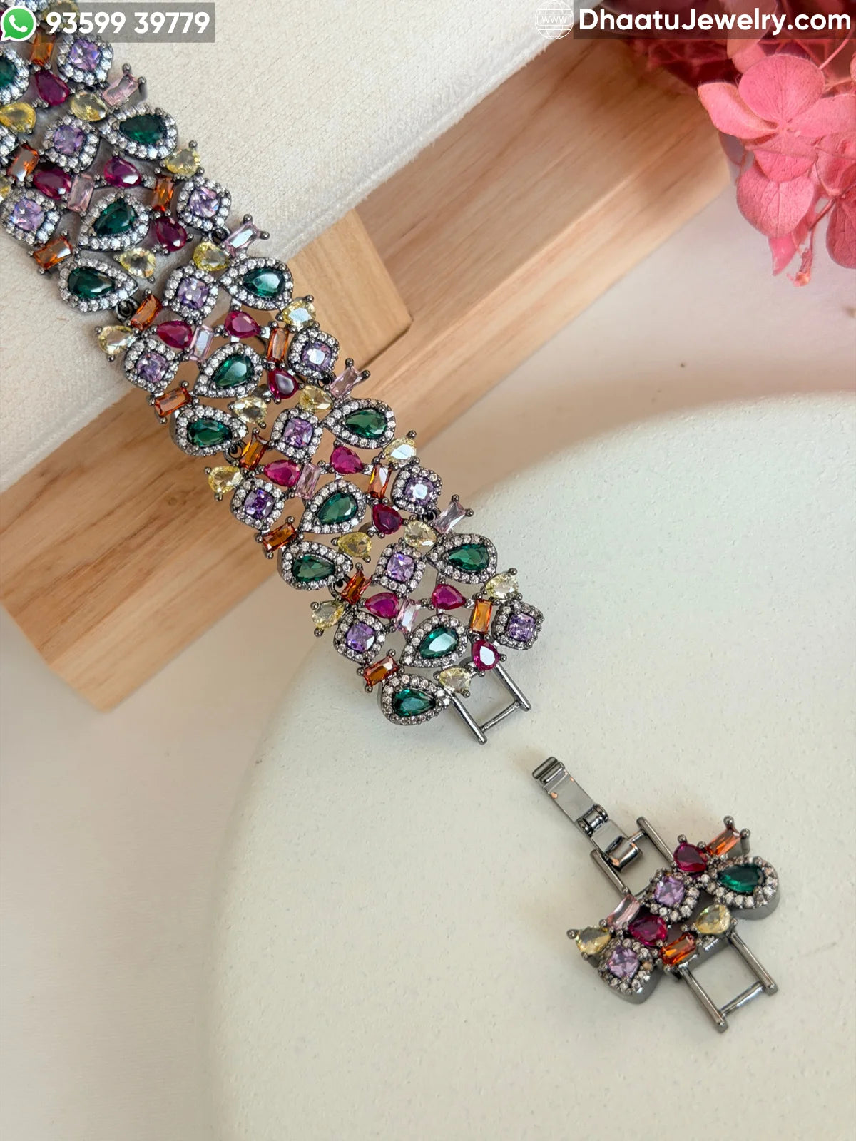 Multicolor Pear-Cut Cubic Zirconia Statement Bracelet - 18cm to 21cm Extendable - Available in Gold & Black Rhodium Finish