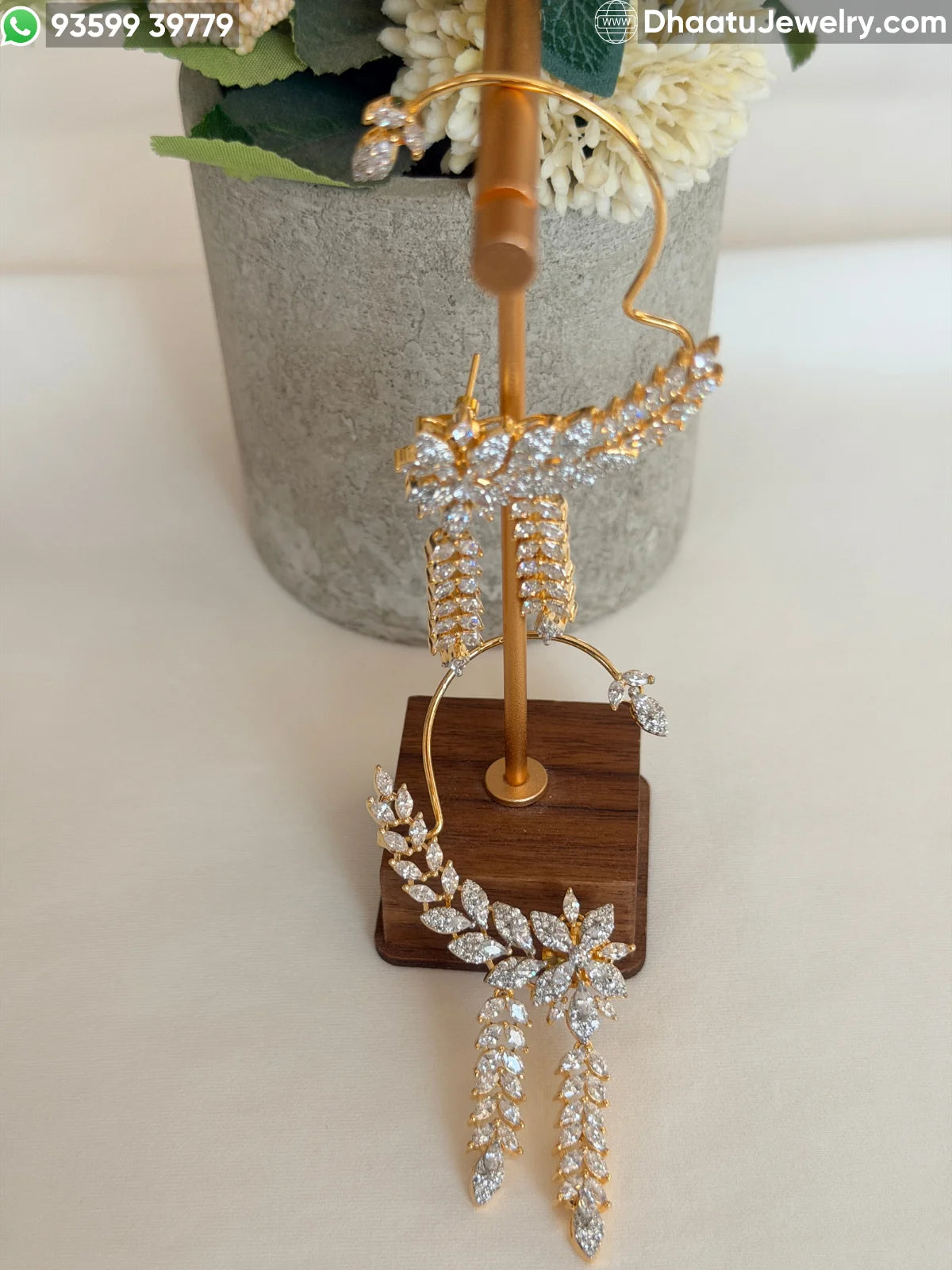 Premium Gold Plated Marquise CZ Floral Ear Cuff Earrings - Full Ear Wrap Jewelry with Dangling Leaf Drops