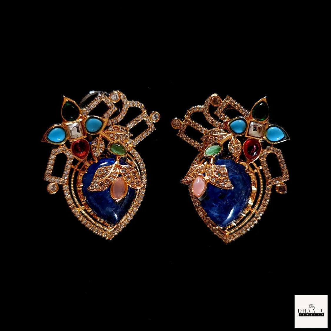 Artisan-Crafted Heart-Shaped Artificial Stud Earrings with Multi-Color Stones