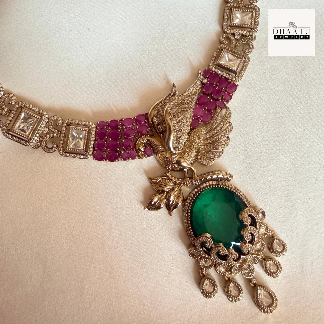 Handcrafted Peacock Motif Fusion Necklace Set with Polki Work and Vibrant Drop Stones