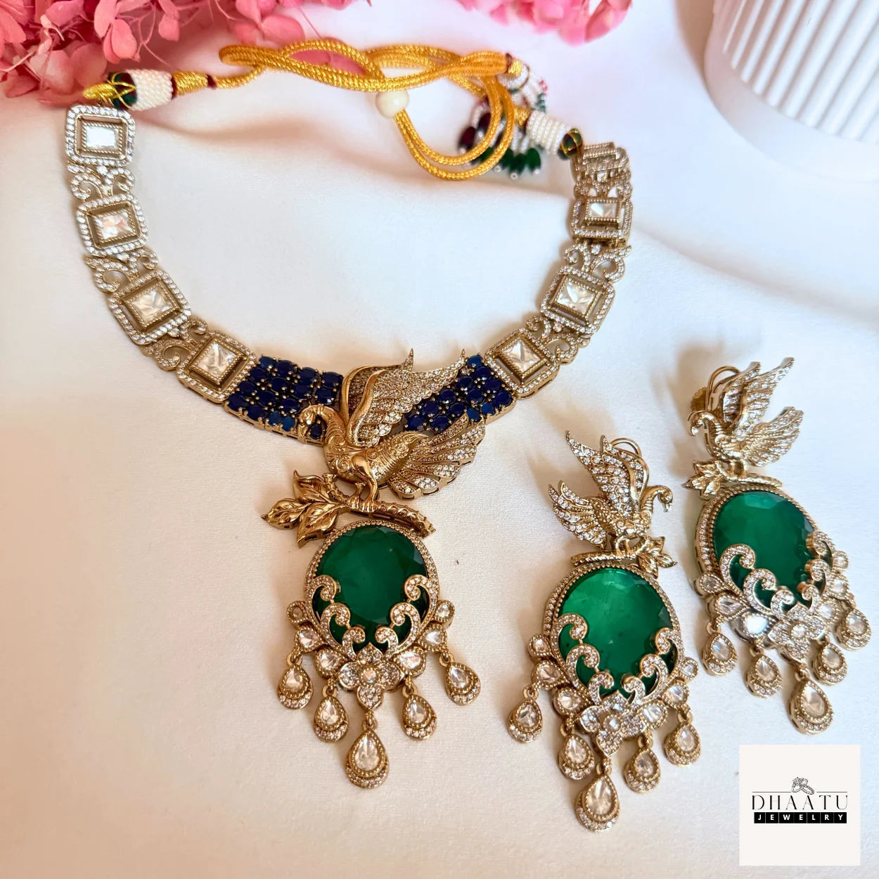 Handcrafted Peacock Motif Fusion Necklace Set with Polki Work and Vibrant Drop Stones