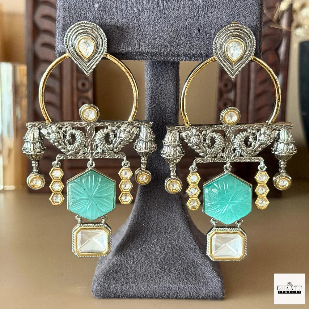Kundan Polki & Carved Stone Oxidized Fusion Drop Earrings