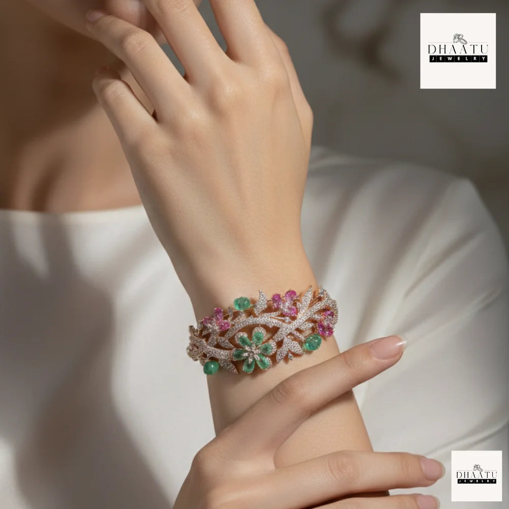 Gulnaar Floral Bracelet in Rose Gold with Mint Green and Pink Sapphire Accents