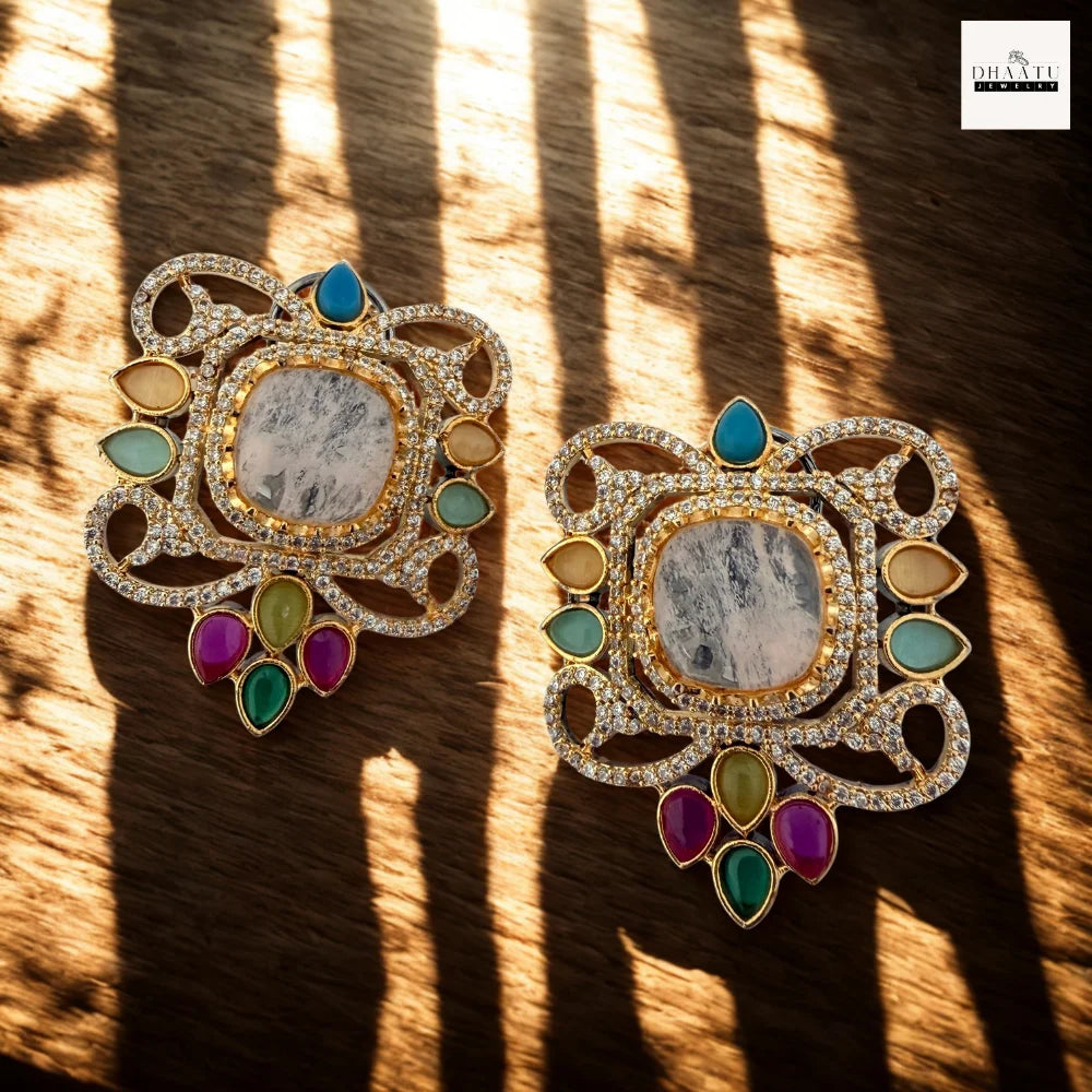 Semi-Precious Stone Studs with CZ Pavé Border (5 Variants)