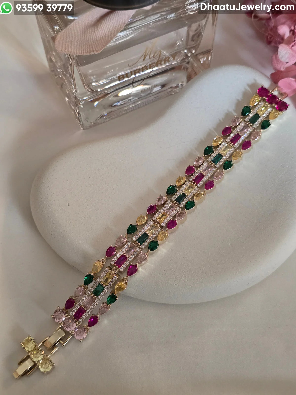 Multicolor Navette & Baguette CZ Triple-Row Bracelet in 18K Gold Plating – 18cm to 21cm Adjustable Length
