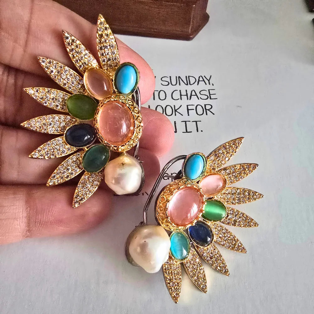 Rivaayat Handcrafted Sunburst Ear Cuffs with Baroque Pearls and Multi-Hue Cabochons