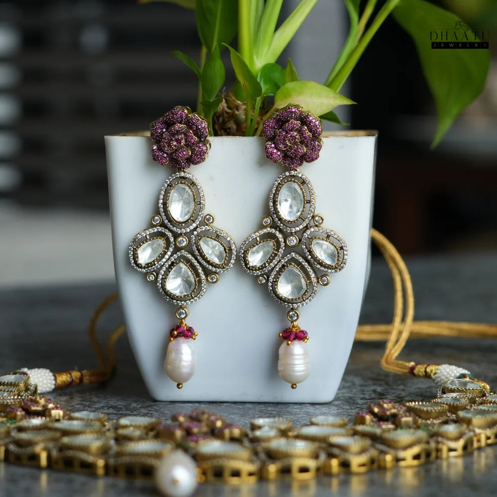 Kundan Necklace Set with CZ Stone Floral Motifs | Traditional Indian Bridal Jewelry