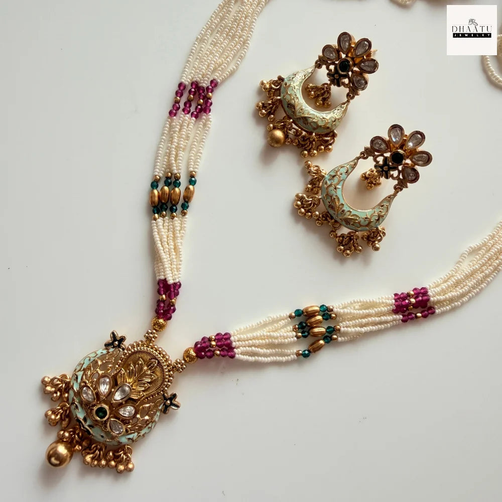 Antique Kundan & Meenakari Chandbali Pendant Necklace Set with Seed Pearl Layers