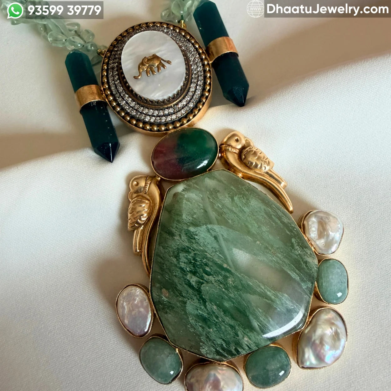 Handcrafted Fusion Statement Necklace Set with Elephant Motif, Emerald-Green Stones, and Baroque Pearls