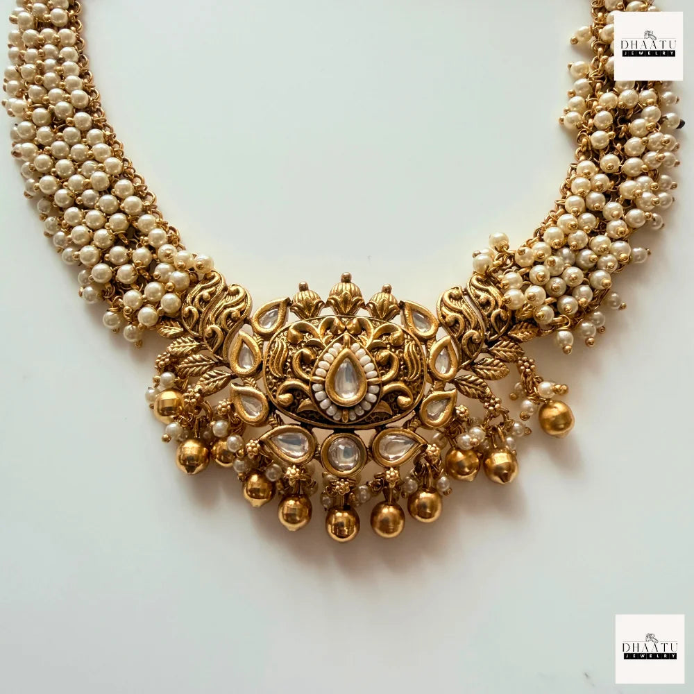 Antique Gold-Plated Guttapusalu Choker Set with Pearls and Kundan Accents