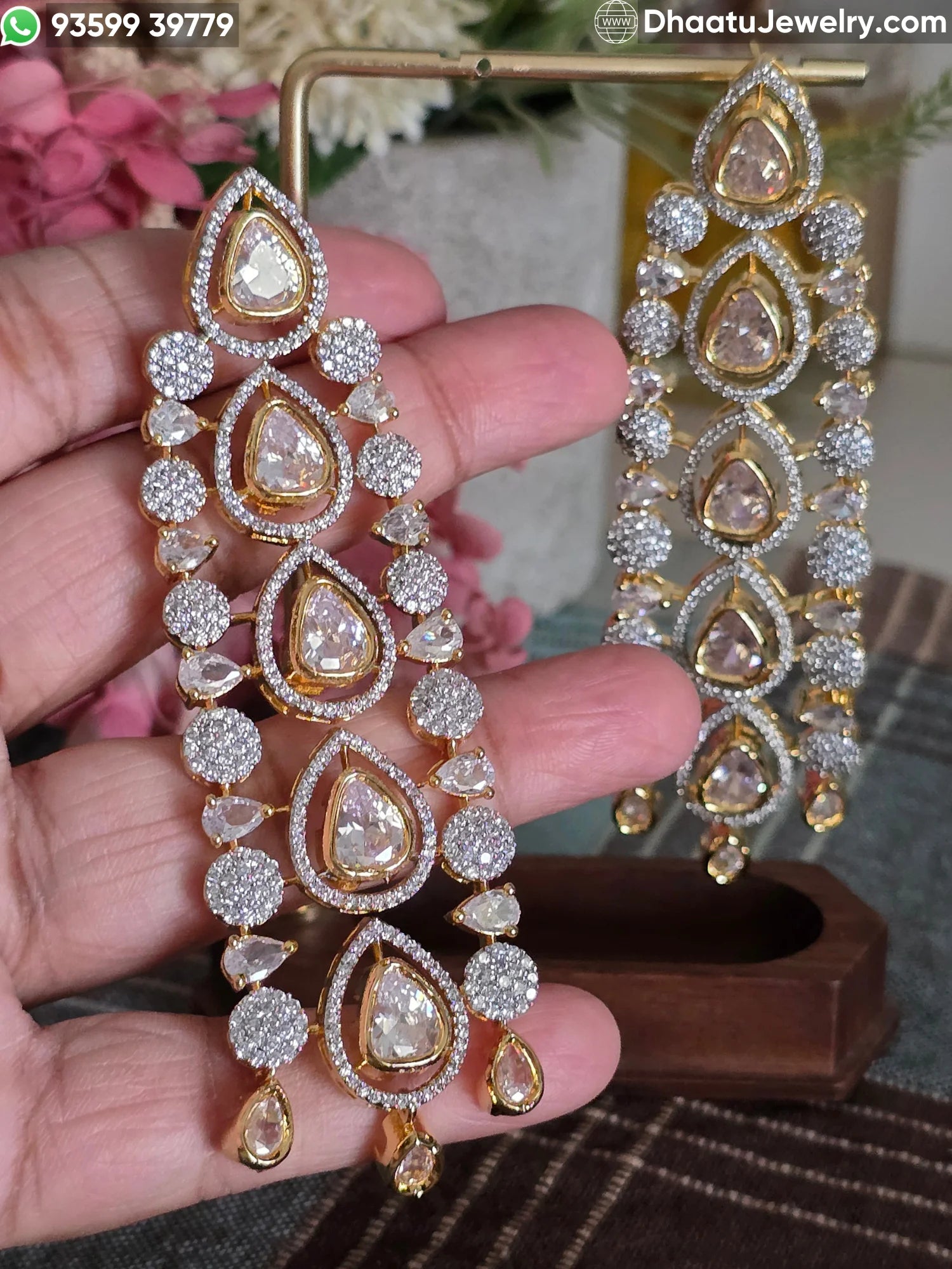 Handcrafted Pear-Cut Moissanite Polki & Kundan Long Chandelier Earrings in Antique Mehendi Plating