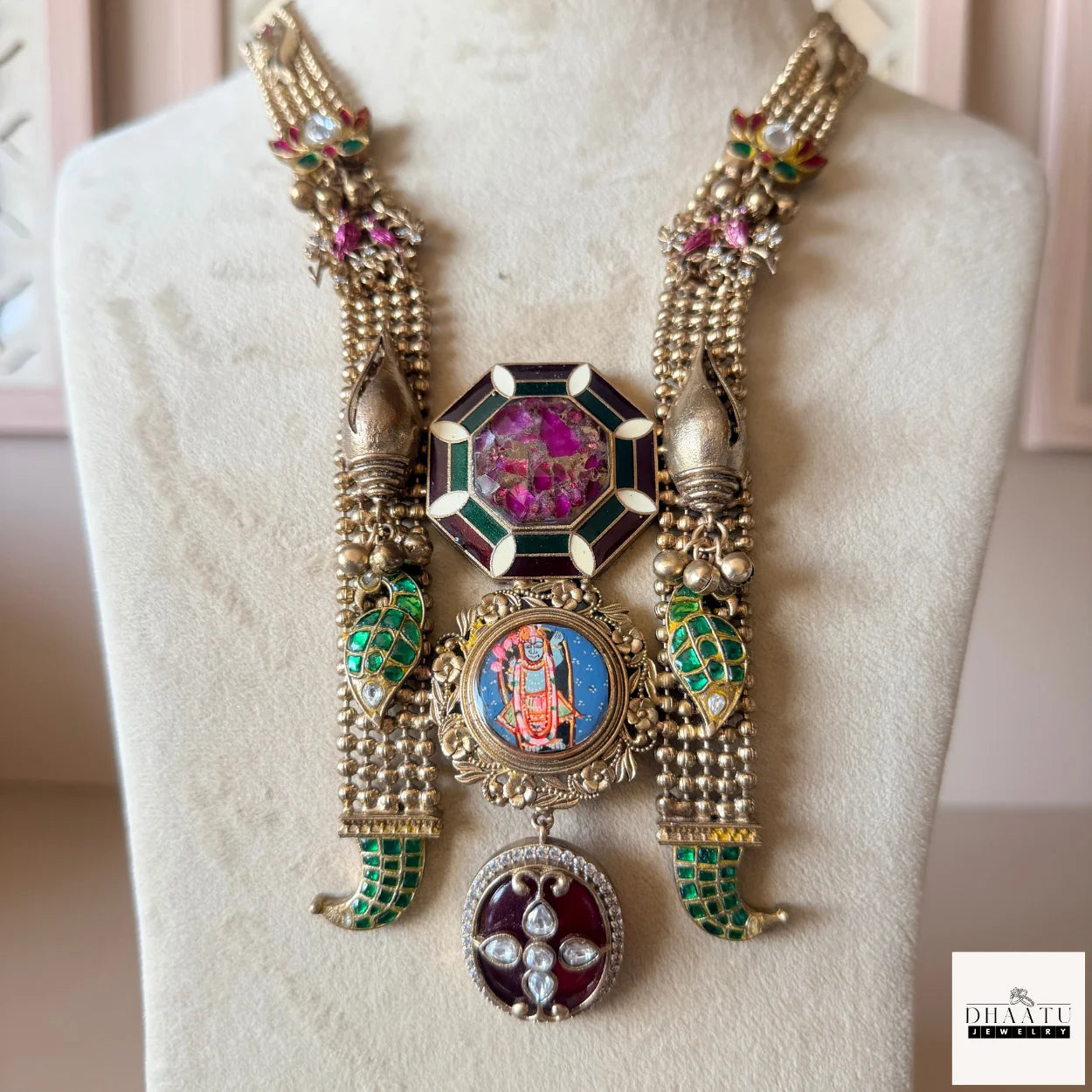 Handcrafted Shrinathji Temple Jewelry Set – Oxidized Gold Long Haar Necklace with Meenakari Work and Matching Earrings