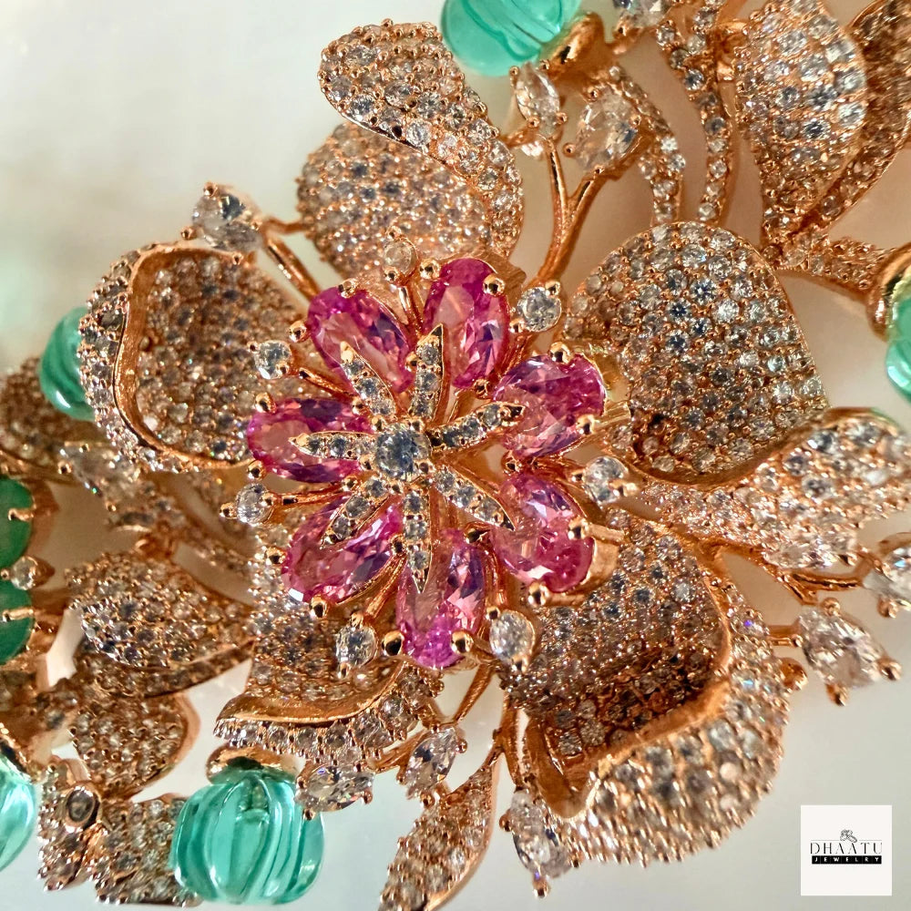 Gulnaar Floral Rose Gold Choker Set with Emerald Beads and Pink Stone Detailing