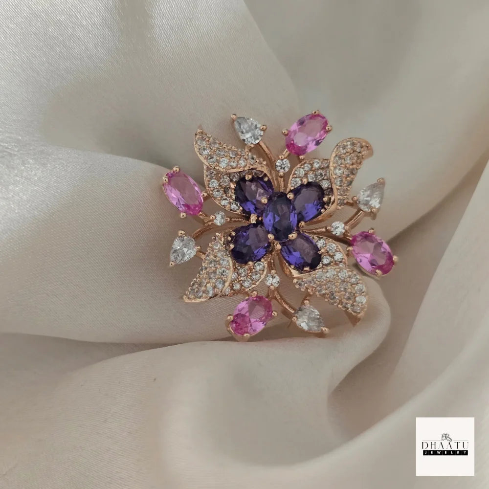 Gulnaar Amethyst & Pink Sapphire Floral Statement Ring - Adjustable Rose Gold Cocktail Ring