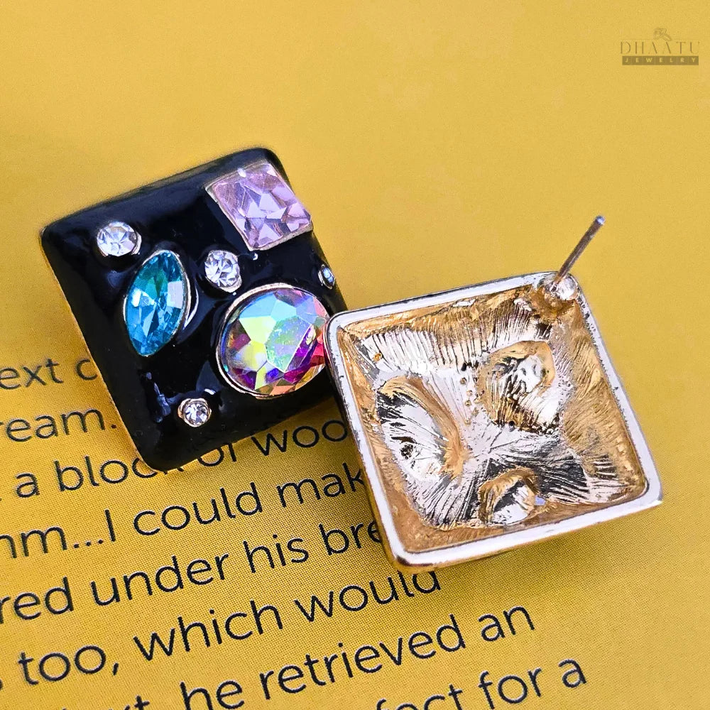 Gemstone Accented Square Studs with Multi-Color Gems