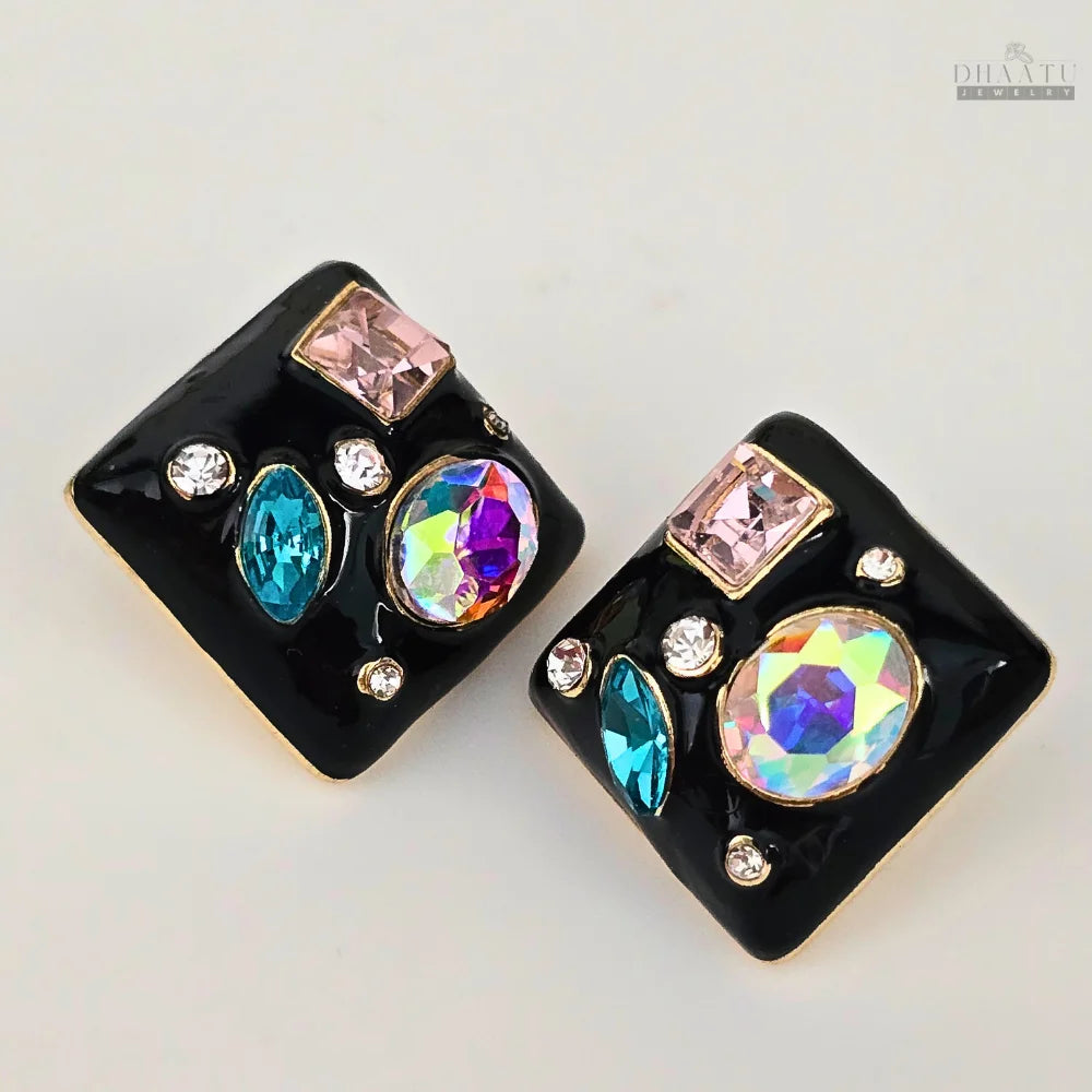 Gemstone Accented Square Studs with Multi-Color Gems