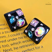 Gemstone Accented Square Studs with Multi-Color Gems