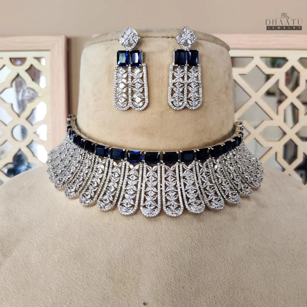 Glamorous CZ & Sapphire Blue Gem Choker Set