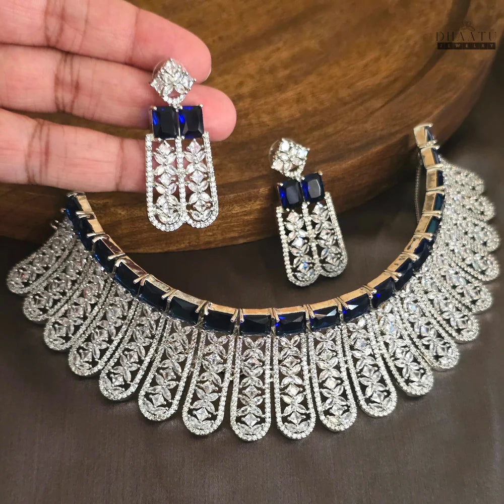 Glamorous CZ & Sapphire Blue Gem Choker Set
