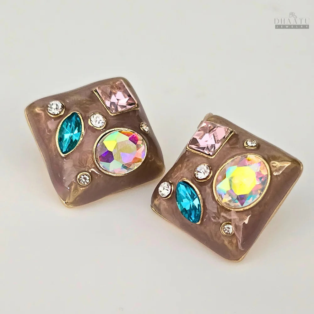 Gemstone Accented Square Studs with Multi-Color Gems