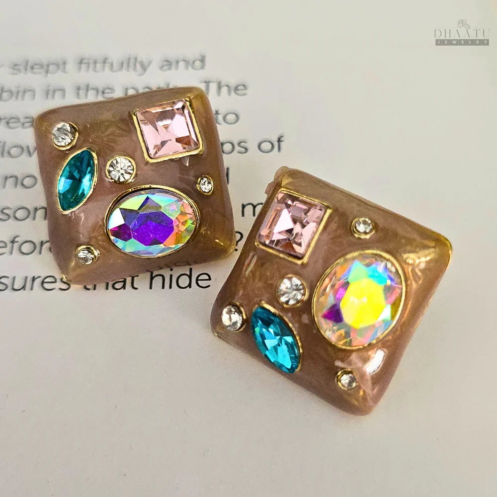 Gemstone Accented Square Studs with Multi-Color Gems